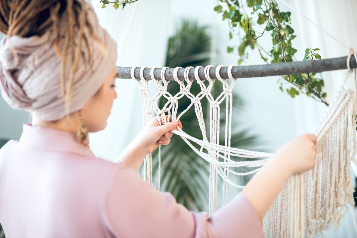 Woman Weaving Macrame Indoors